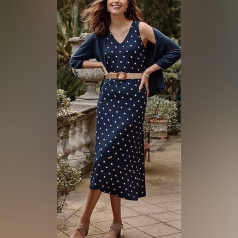 J.Jill Flounced Hem Polka Dot Sleeveless Maxi Dress V-Neck Women XL Petite Navy